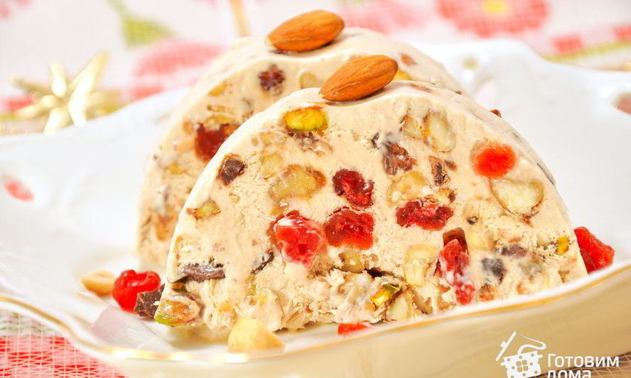 Рецепт десерта-мороженого с орехами, вяленой вишней и шоколадом