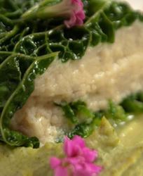 Мусс из белой рыбы на пюре из брокколи