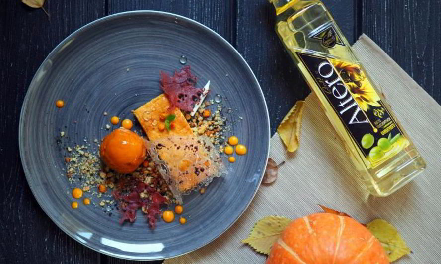 Рецепт суфле из тыквы, медовый крамбл, облепиховые сорбет и ганаш