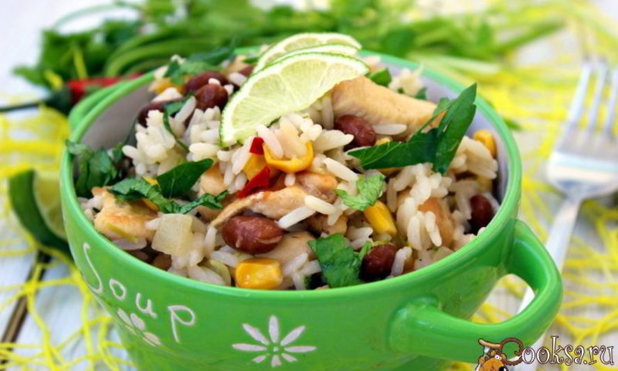 Рецепт лимонного риса с курицей, кинзой и фасолью