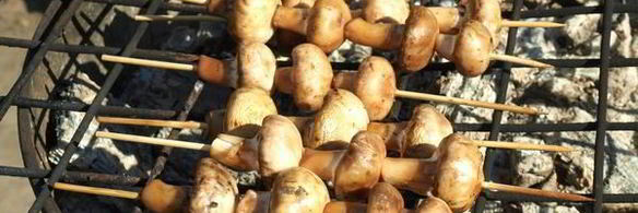 шампиньоны на шпажках на мангале