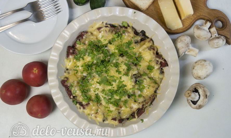 Рецепт шампиньонов с колбасой