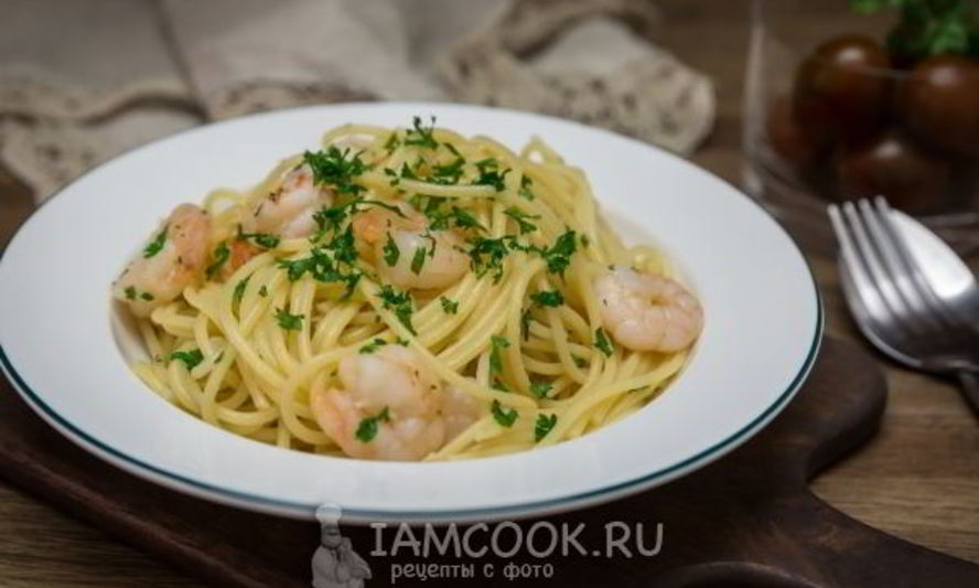 Рецепт спагетти с креветками и чесноком
