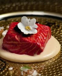 Форель в белом вине со свекольной стружкой и пюре из кольраби