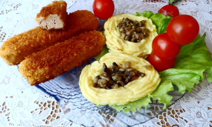 Рецепт рыбных палочек с картофелем и грибами