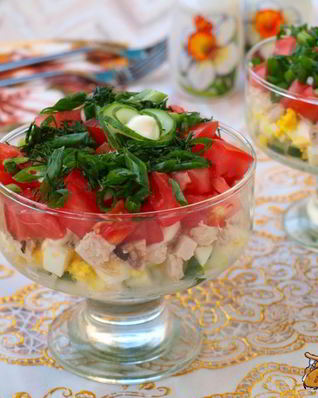 Салат с запеченной курицей, яйцом и свежими овощами