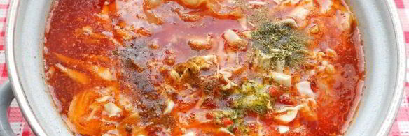 борщ со свиными ребрышками и молодыми овощами