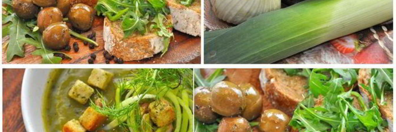 Кростини с оливками и зеленый суп-пюре