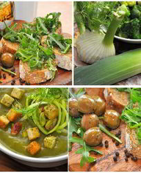 Кростини с оливками и зеленый суп-пюре