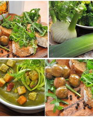 Кростини с оливками и зеленый суп-пюре