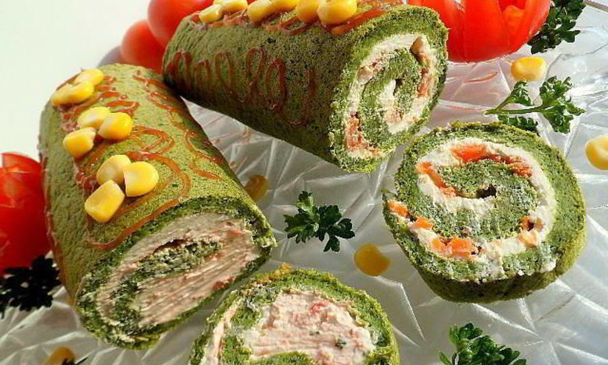 Рецепт шпинатного рулета со сливочным сыром и соленой семгой