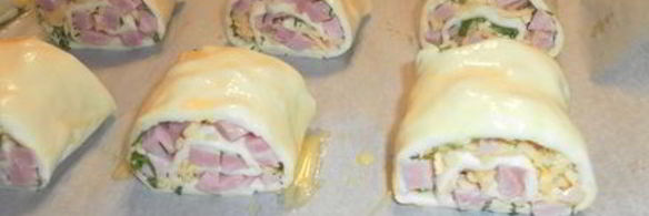 слойки-рулетики с зеленью, ветчиной и сыром